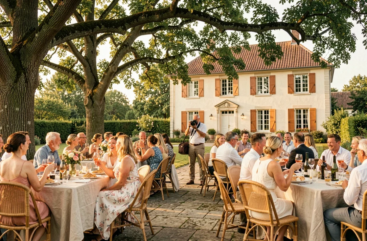 Photographe de mariage capturant des moments spontanés lors d'une réception en plein air dans les Landes