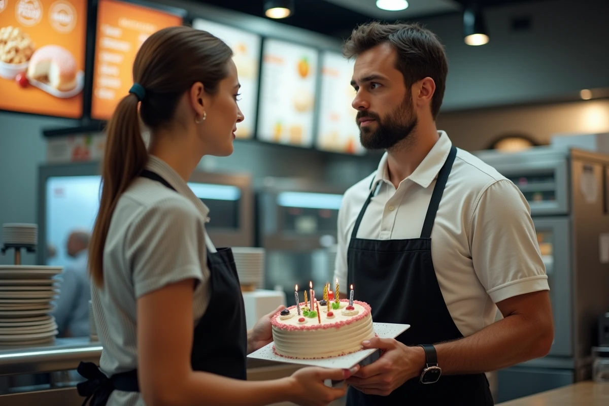 Manager d'un fast-food expliquant le règlement sur les gâteaux d'anniversaire à une cliente au comptoir