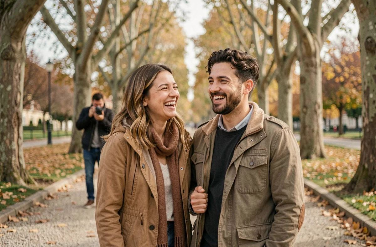 Séance photo en extérieur d'un couple dans un parc à Houilles avec photographe en arrière-plan
