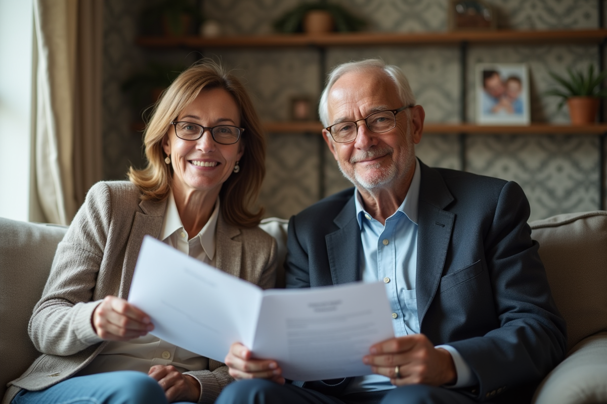 Une femme d'âge moyen et un homme âgé avec des documents officiels