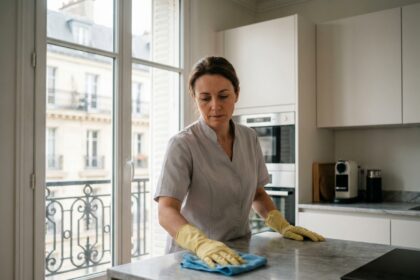 Femme de ménage professionnelle en uniforme gris essuyant un plan de travail dans une cuisine moderne à Rueil-Malmaison