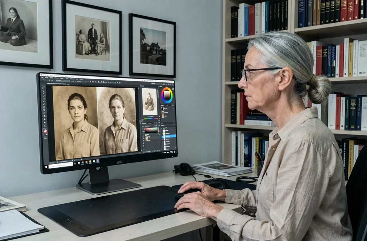 Spécialiste en restauration photo travaillant sur un logiciel de retouche pour restaurer un portrait ancien endommagé