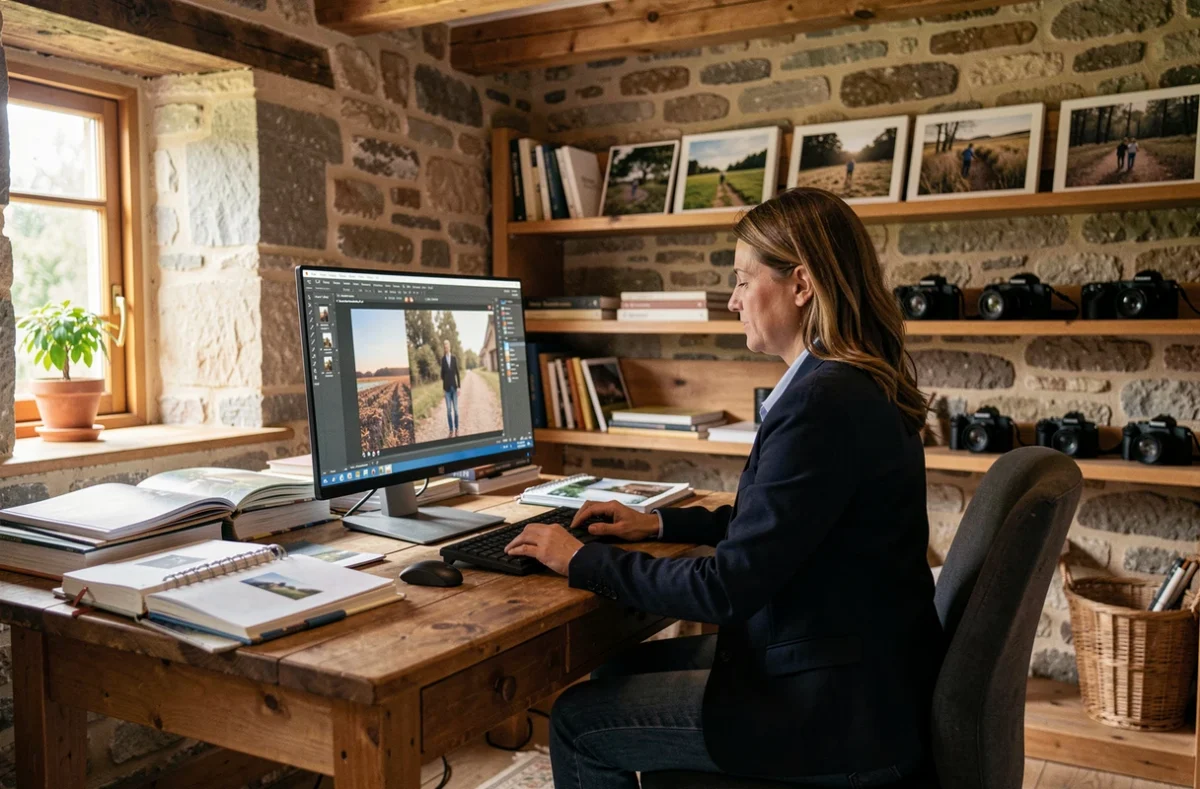 Photographe professionnelle dans son studio breton à Bain-de-Bretagne révisant des photos sur un écran avec des murs en pierre apparente