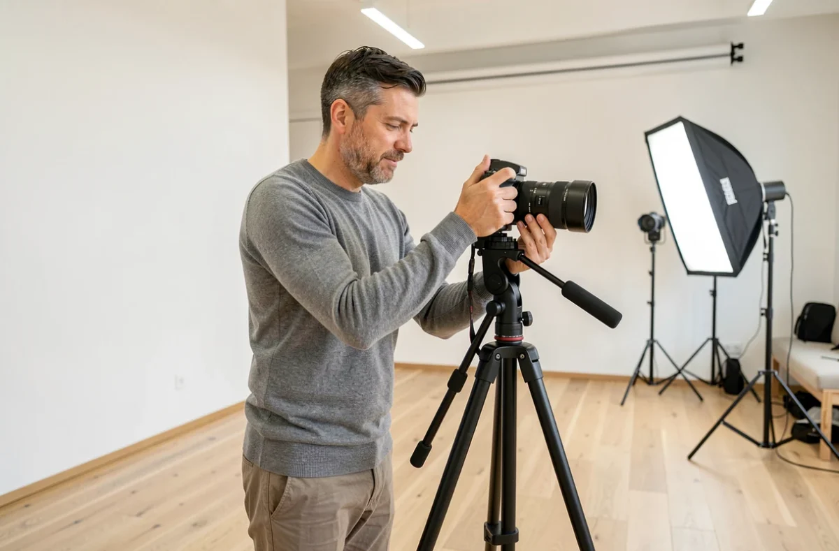 Photographe installant son matériel dans un studio photo professionnel moderne pour une séance à Houilles