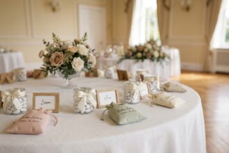 Table de cadeaux personnalisés pour invités de baptême avec dragées et cartons nominatifs