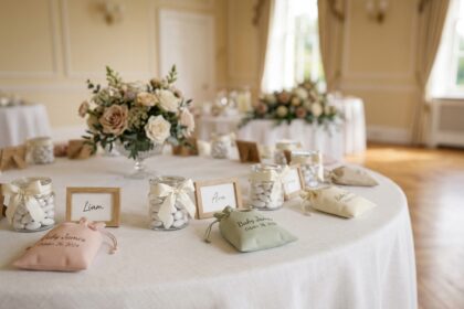 Table de cadeaux personnalisés pour invités de baptême avec dragées et cartons nominatifs