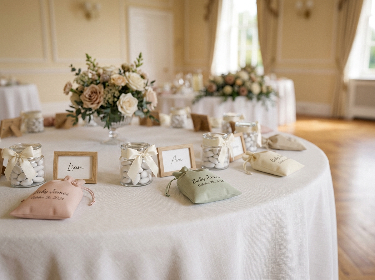 Table de cadeaux personnalisés pour invités de baptême avec dragées et cartons nominatifs