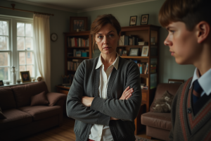 Femme d age moyen face à un adolescent dans un salon traditionnel