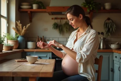 Femme enceinte testant l'astuce du sel pour connaître le sexe du bébé dans une cuisine rustique