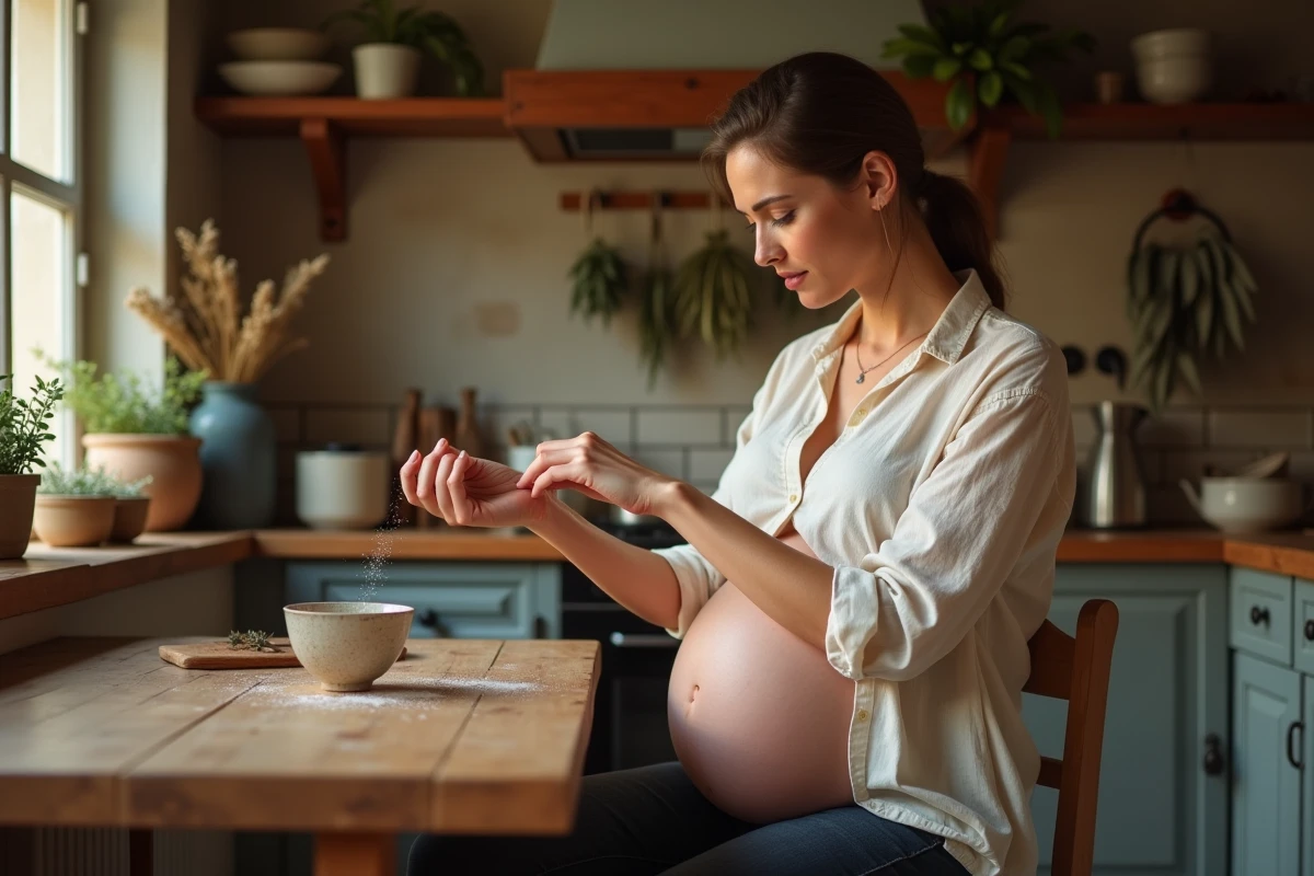 Femme enceinte testant l'astuce du sel pour connaître le sexe du bébé dans une cuisine rustique
