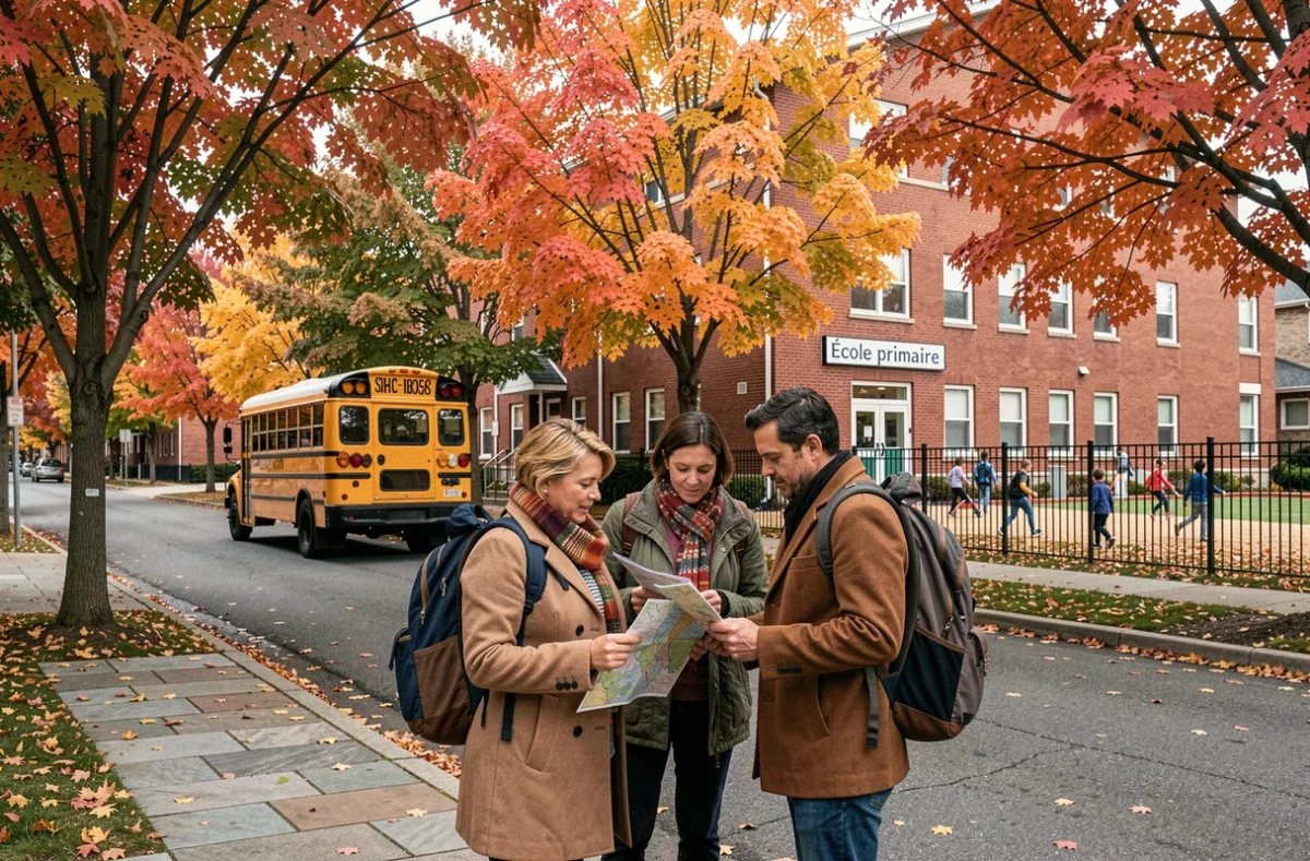 Touristes français devant une école québécoise en automne à Montréal pendant les vacances scolaires