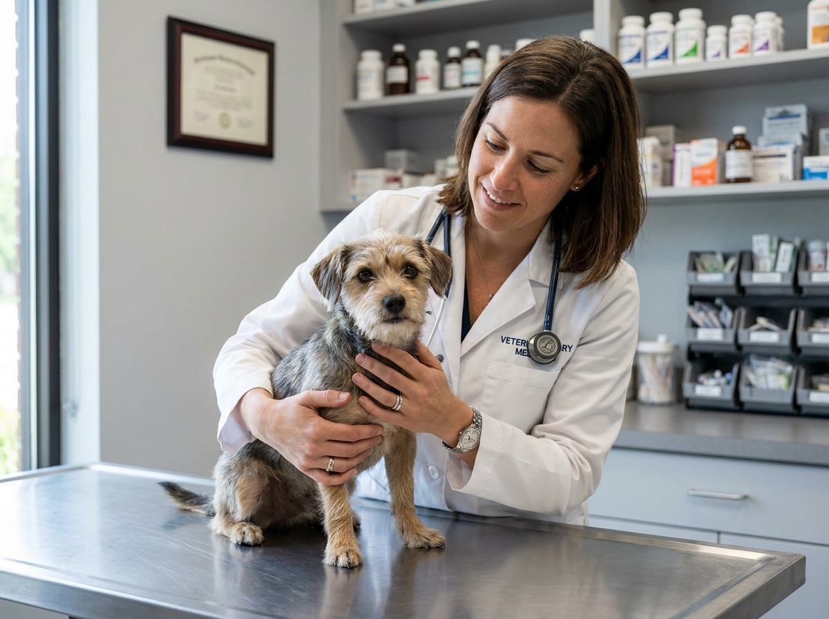 Vétérinaire examinant un petit chien dans une clinique vétérinaire moderne, consultation santé animale