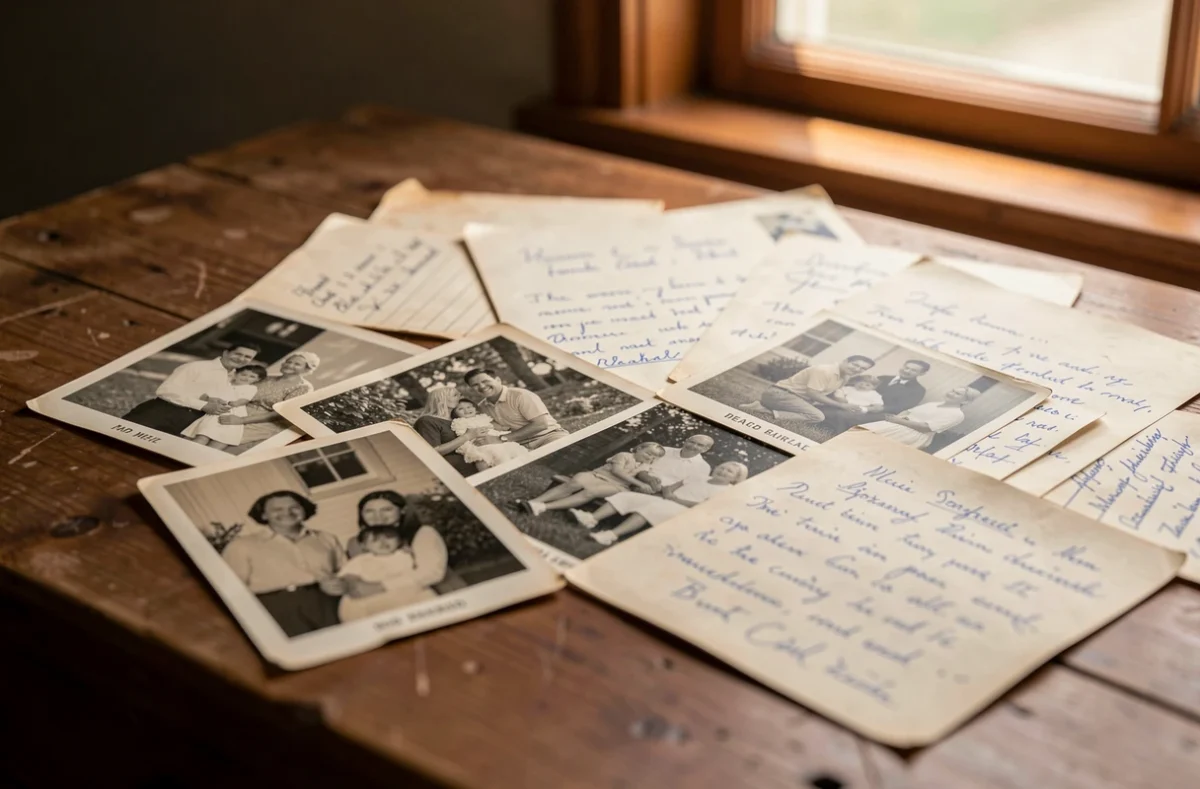Vieilles photos de famille et lettres étalées sur une table en bois
