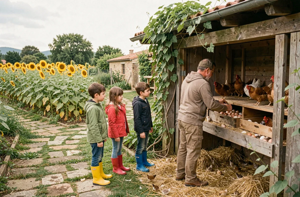 Enfants découvrant la collecte des œufs avec un fermier lors d'une visite de ferme pédagogique en Occitanie