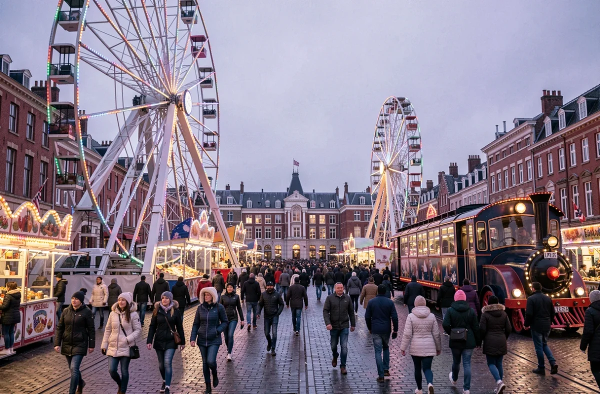Vue panoramique de la Foire aux Manèges de Lille au crépuscule avec la grande roue et les manèges illuminés